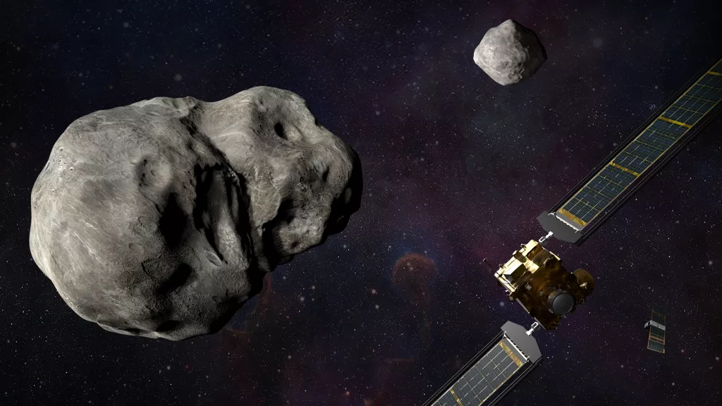 NASA的DART航天器将以每秒6公里的速度撞击 Didymos 小行星，从而改变其轨道。图片来源：NASA/JOHNS HOPKINS APL