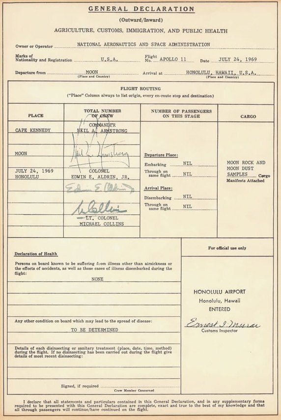 这是阿波罗 11 号从月球回来后的入境海关申报单