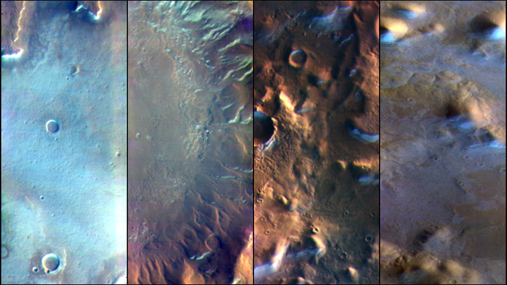 在美国国家航空航天局的奥德赛轨道飞行器上的热成像系统相机的这些图像中，呈现出蓝白色的是主要由二氧化碳组成的火星表层霜冻，而这也是在人眼可感知的可见光和热敏红外线下的拍摄图像。