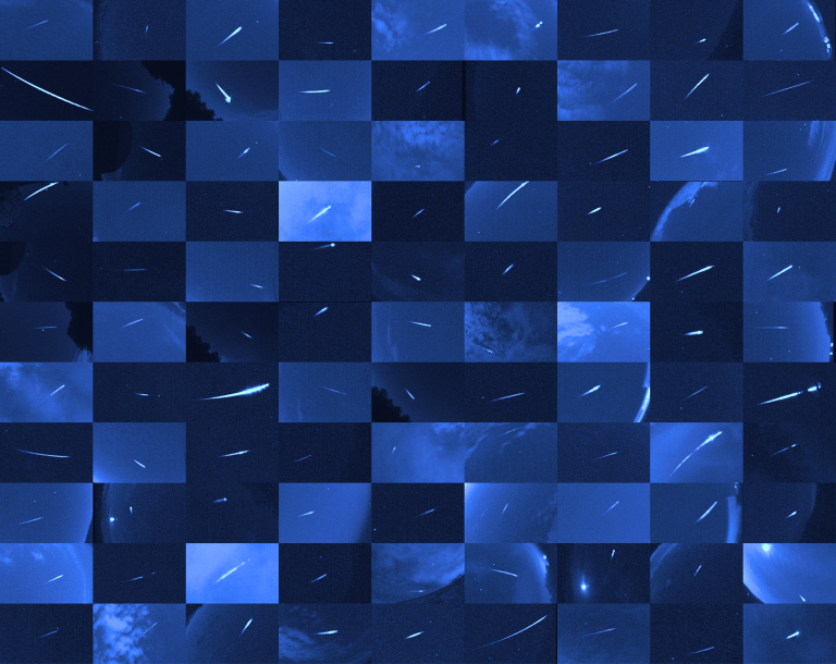 2013年4月30日至5月8日期间，在清晨观察宝瓶座η。由 99 个图像组成的流星马赛克，使用了蓝色滤镜。