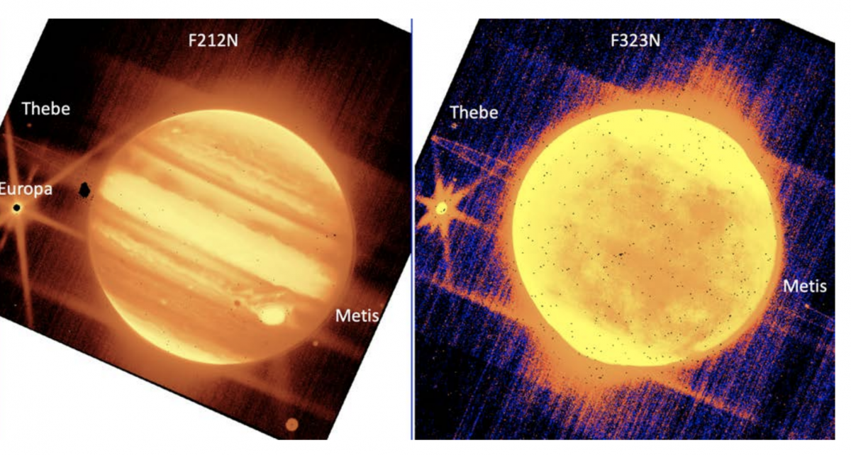 左图：木星（中）以及它的卫星欧罗巴（左），底比和梅蒂斯通过詹姆斯韦伯太空望远镜的 NIRCam 仪器 2.12 微米滤光片看到。 右图：木星和木卫二，底比和梅蒂斯是通过 NIRCam 的 3.23 微米滤光片看到的。 