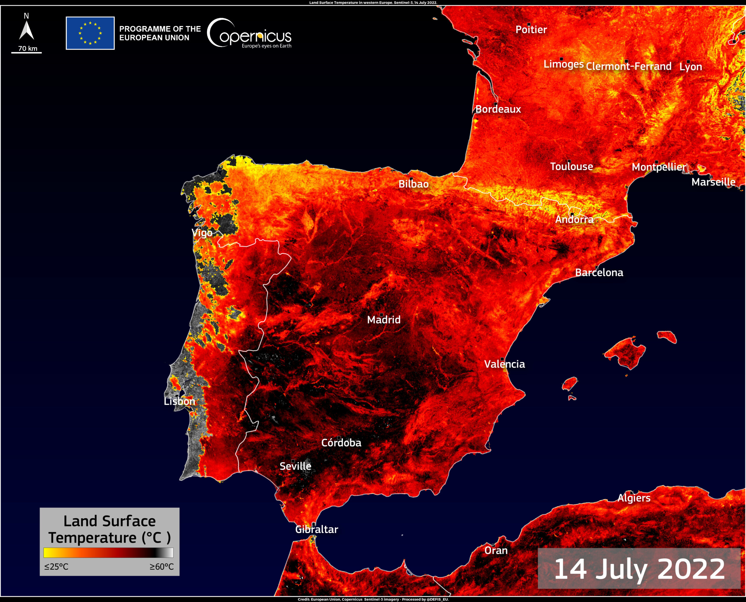 法国和西班牙的地表温度