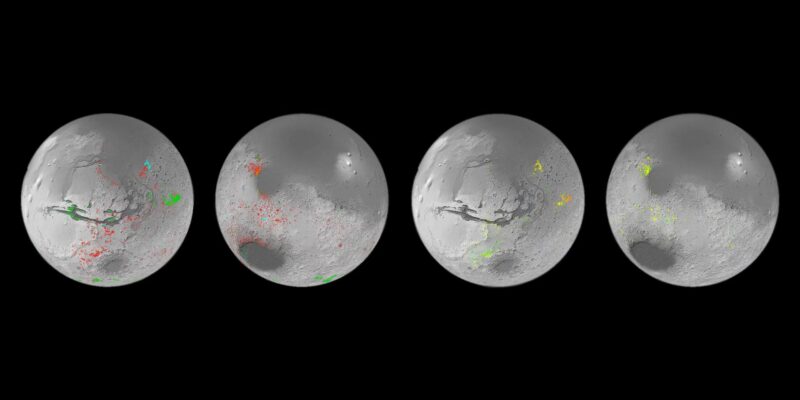 来自 ESA 的火星快车号和 NASA 的火星勘测轨道飞行器的数据被用来绘制第一张详细的火星水合矿床全球地图。