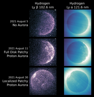 火星上斑驳的质子极光形成于火星周围的湍流条件，使得来自太阳的带电氢粒子流进火星大气层。8月5日的图像显示了典型的大气条件，EMM仪器EMUS在与氢原子相关的两个波长上没有发现异常活动。但在8月11日和8月30日，该仪器在两种波长上都观测到了斑片状的极光，这表明湍流与太阳风的相互作用。
