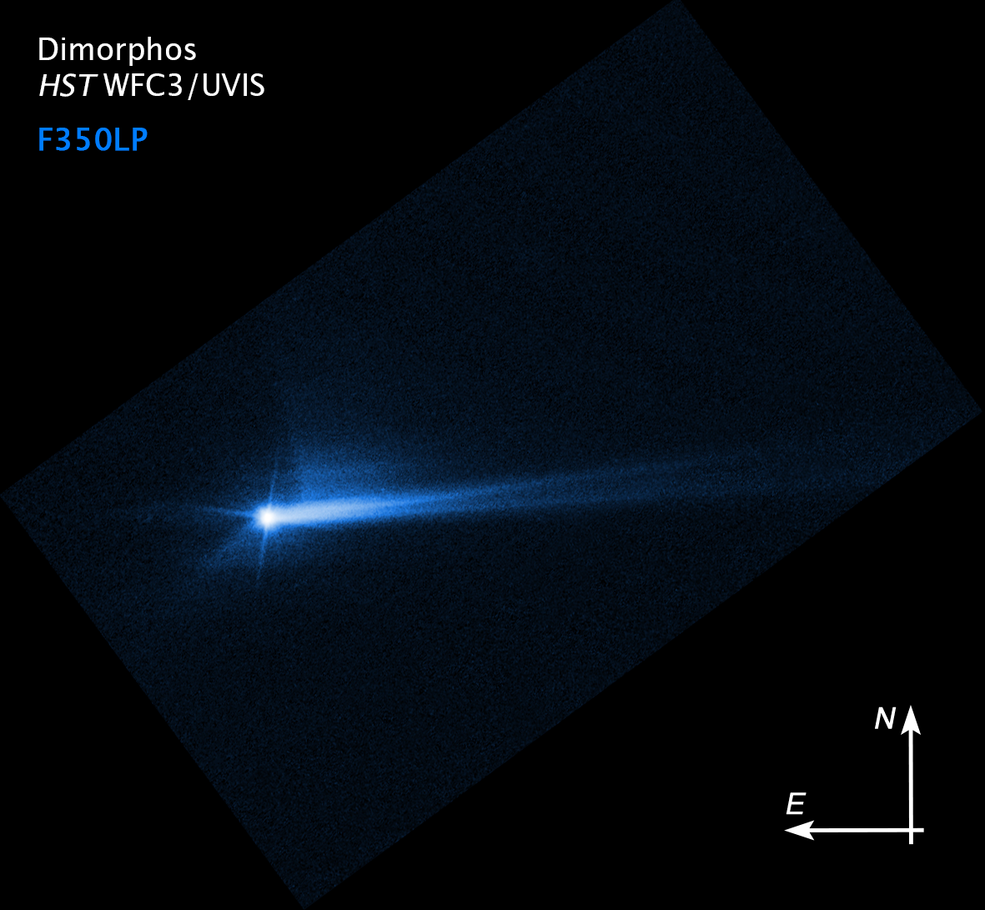 这张由哈勃望远镜拍摄的照片显示了从双卫一表面爆发出来的碎片