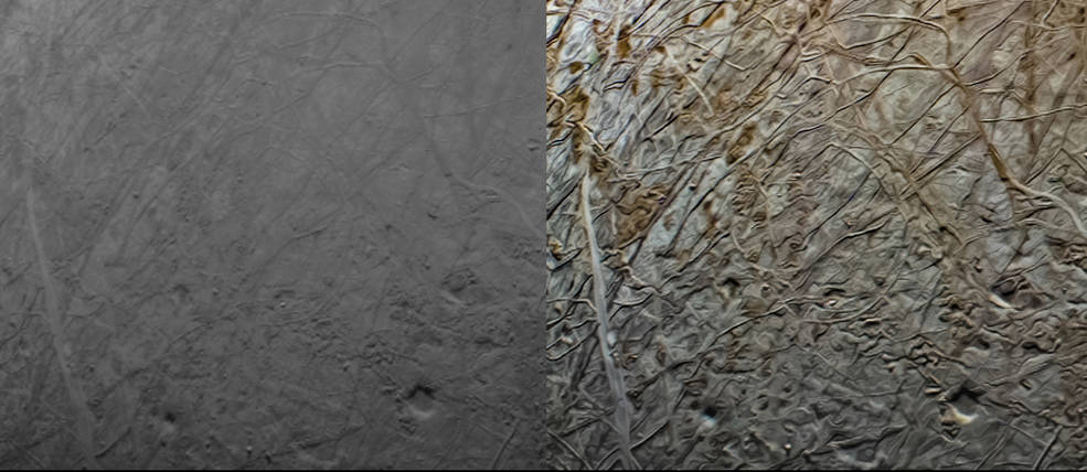 这两张图片显示的是朱诺号探测器在9月29日近距离飞掠木卫二时拍摄到的木卫二的同一部分。左边的图像经过了最低限度的处理。一位公民科学家处理了右边的图像，增强的颜色对比使更大的表面特征突出。