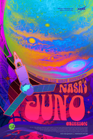 NASA隆重庆祝朱诺号进入木星轨道五周年的海报
